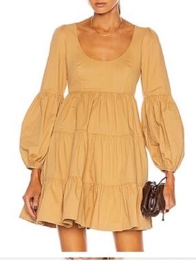 Cinq à Sept Rose Tiered Mini Dress  4 Caramel Gold Puff Sleeve Babydoll Pockets